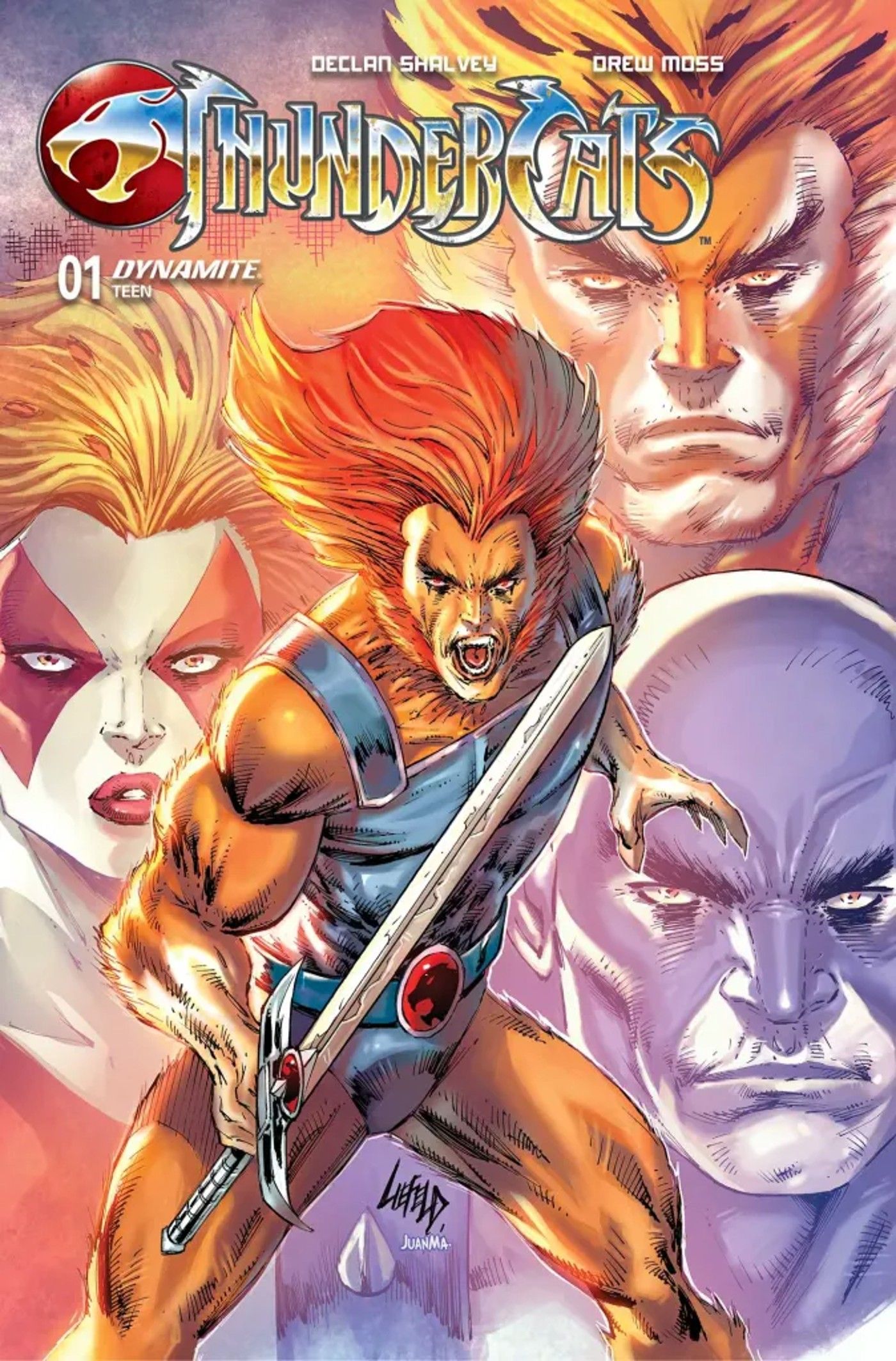 Image of Lion-O in the foreground with other members of the Thundercats team in the background, drawn by Rob Liefeld.