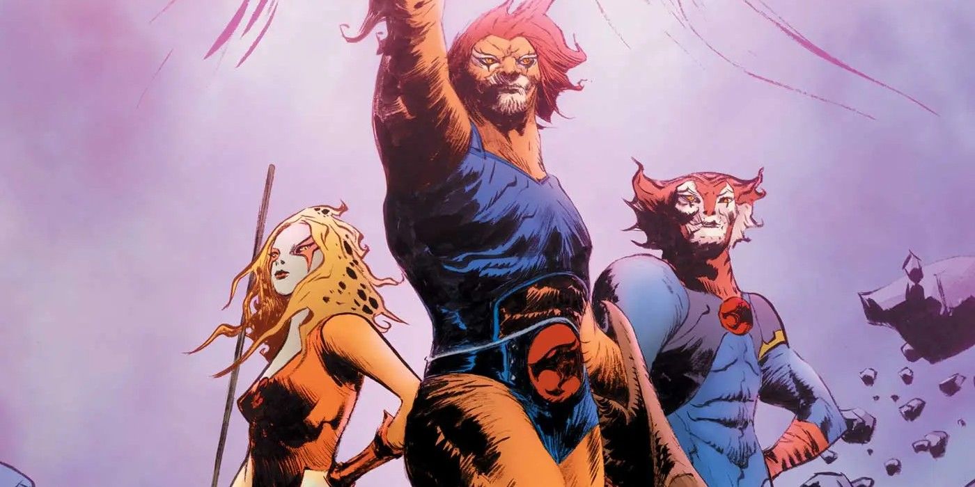 Image of Lion-O raising the Sword of Omens while Cheetarah and Tygra hang out in the background.