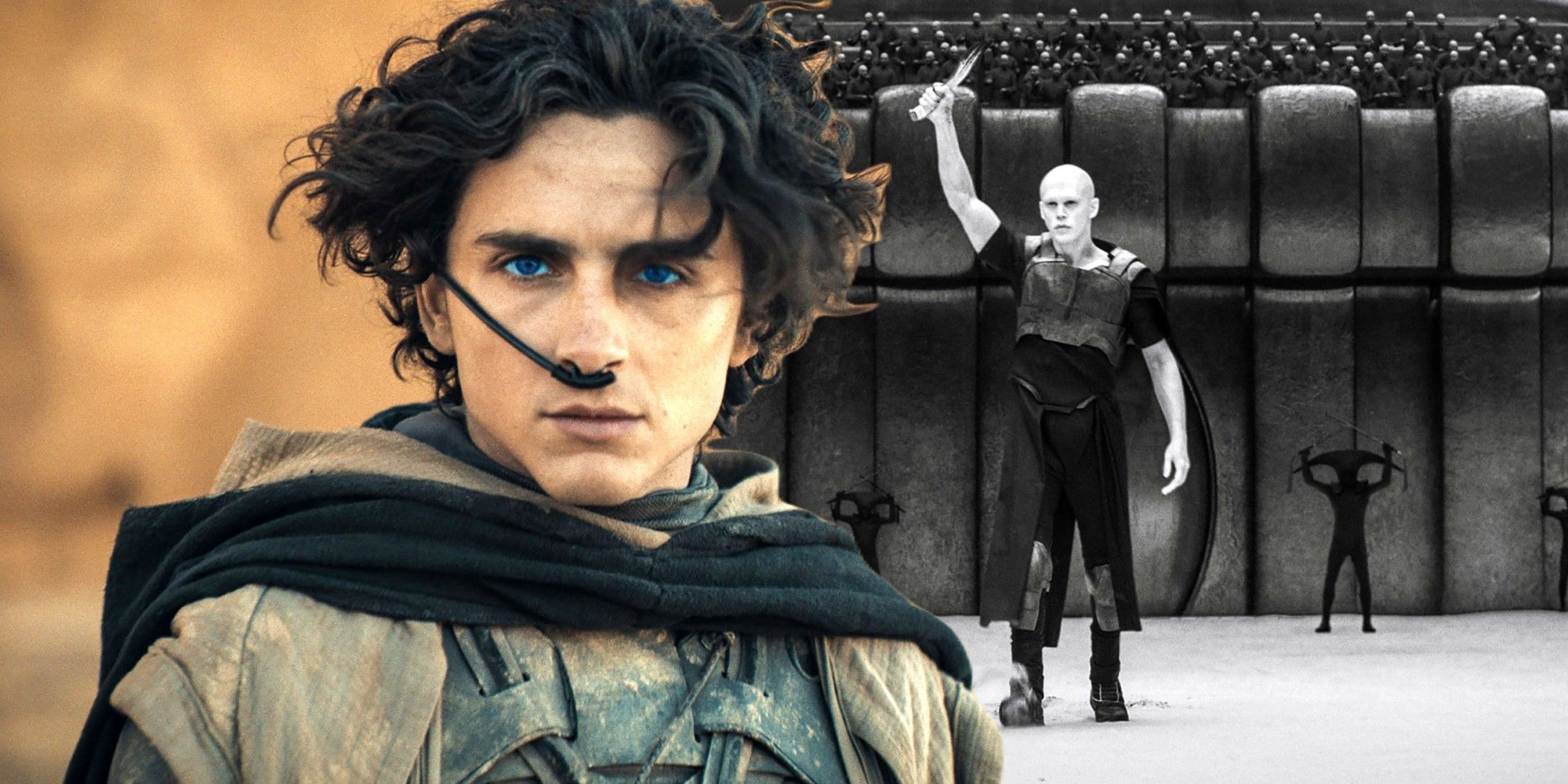 Timothee Chalamet as Paul in Dune 2 composited with Austin Butler as Feyd-Rautha raising a knife