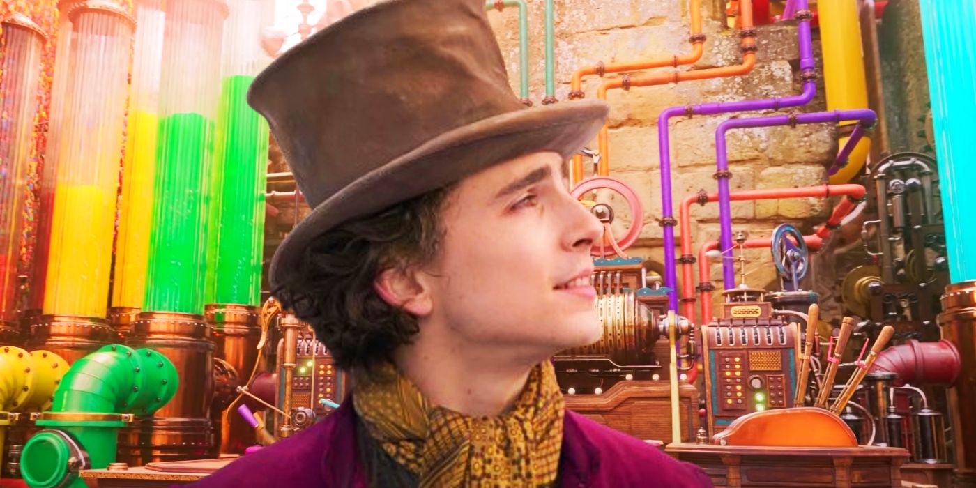 Timothee Chalamet as Willy Wonka juxtaposed with colorful machines and gizmos in a chocolate factory in Wonka