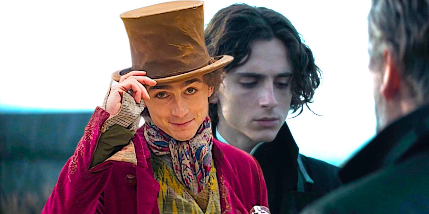 Custom image of Timothee Chalamet tipping his cap in Wonka and looking somber in Dune: Part One