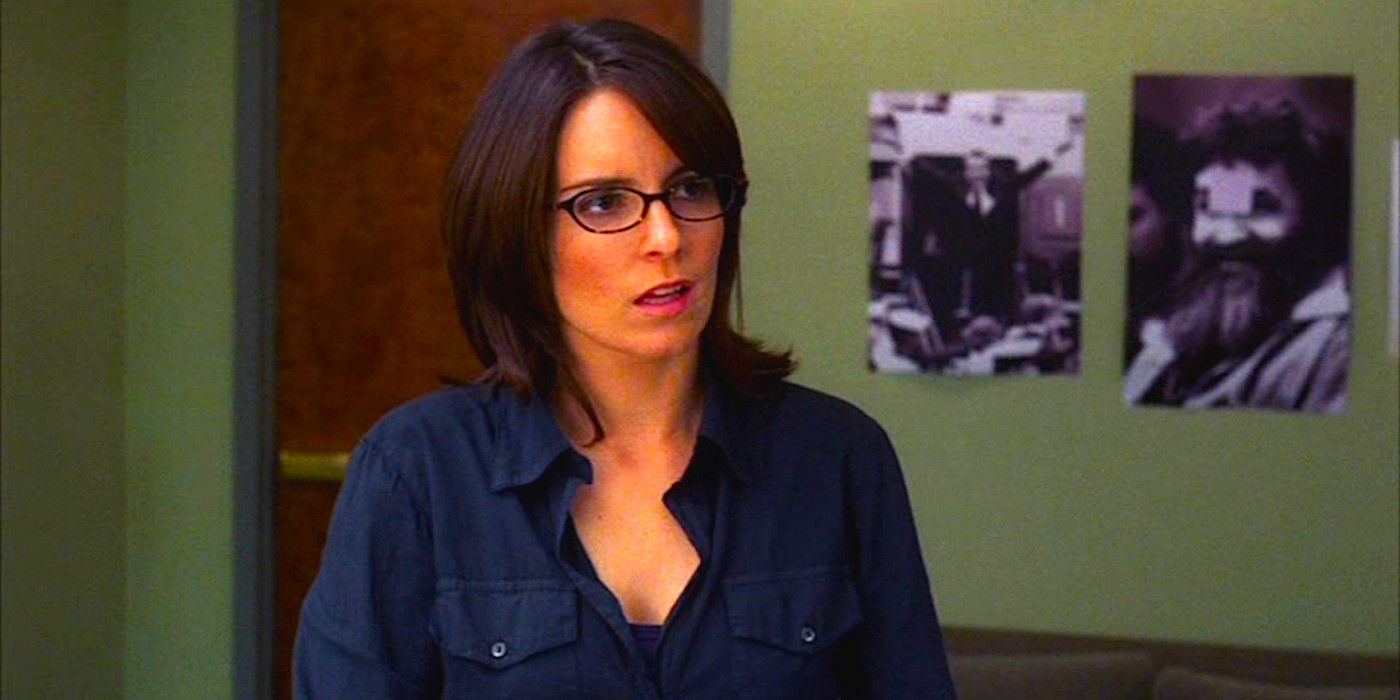 Tina Fey looking perplexed in a scene from 30 Rock