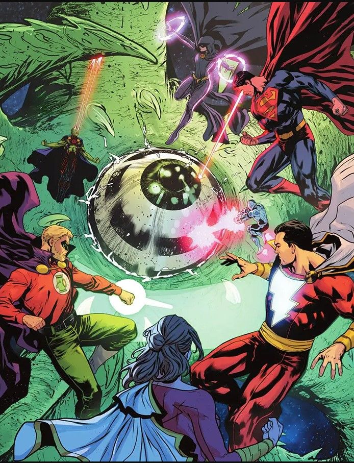 Comic book art: A-Lister Heroes like Superman, Mary Marvel, Martian Manhunter and others take on Beast Boy as Garro