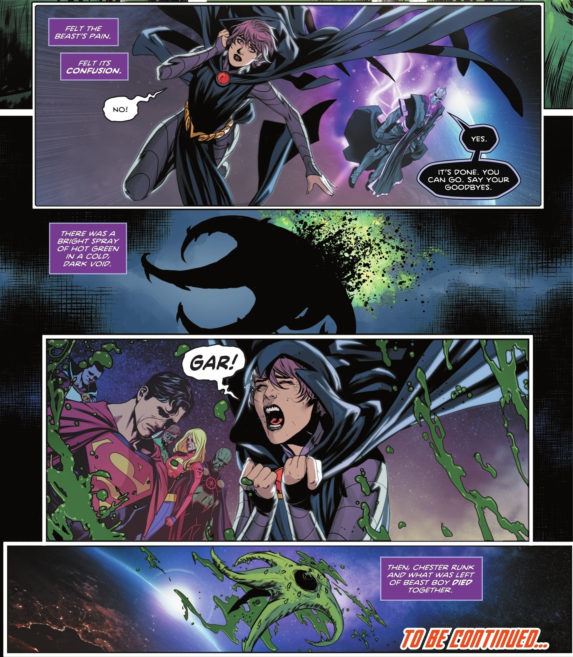 Titans Beast World #4 Raven watches as Beast Boy Dies