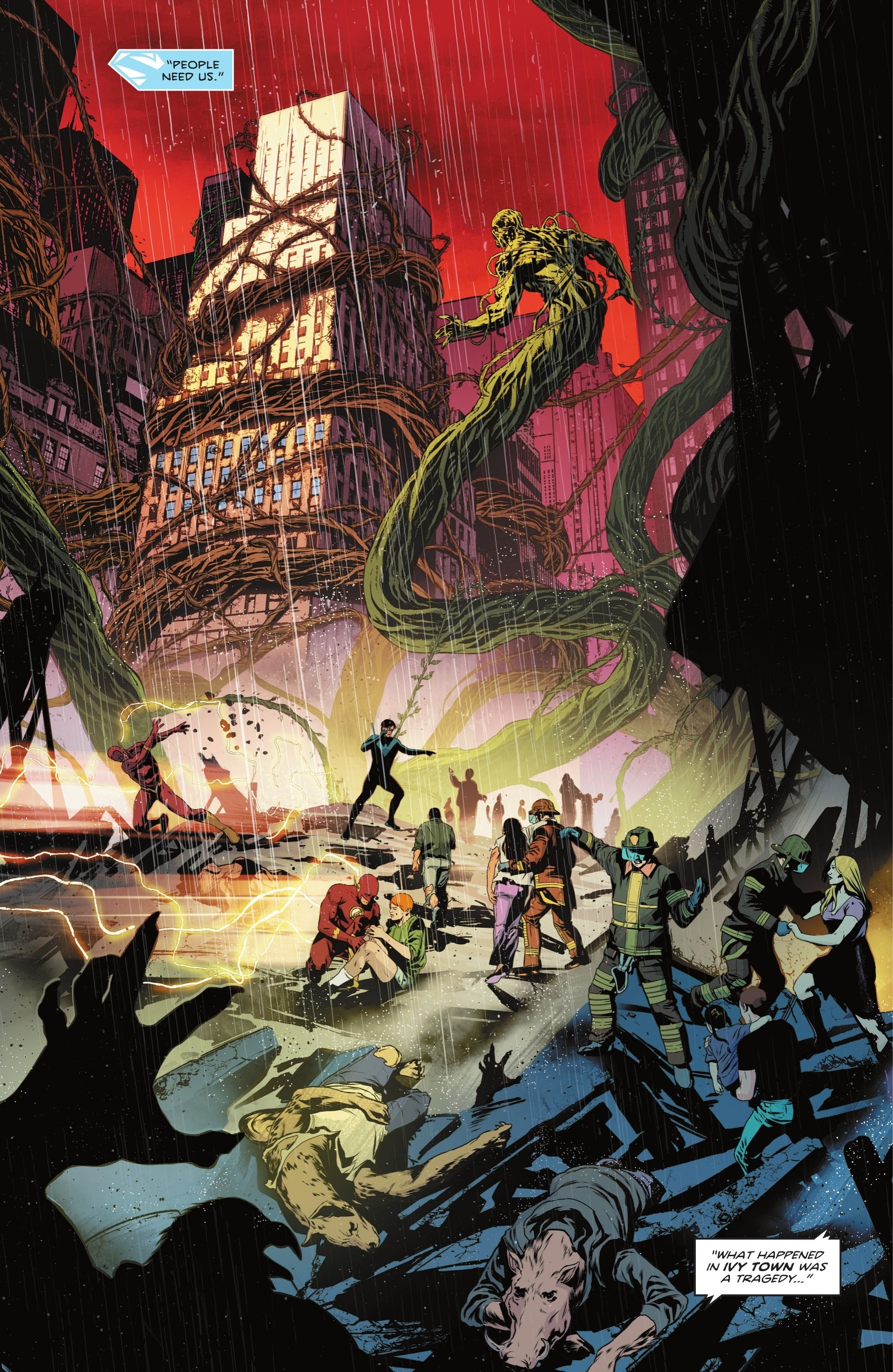 Titans Beast World #4 Swamp Thing preventing skyscrappers from colappsing