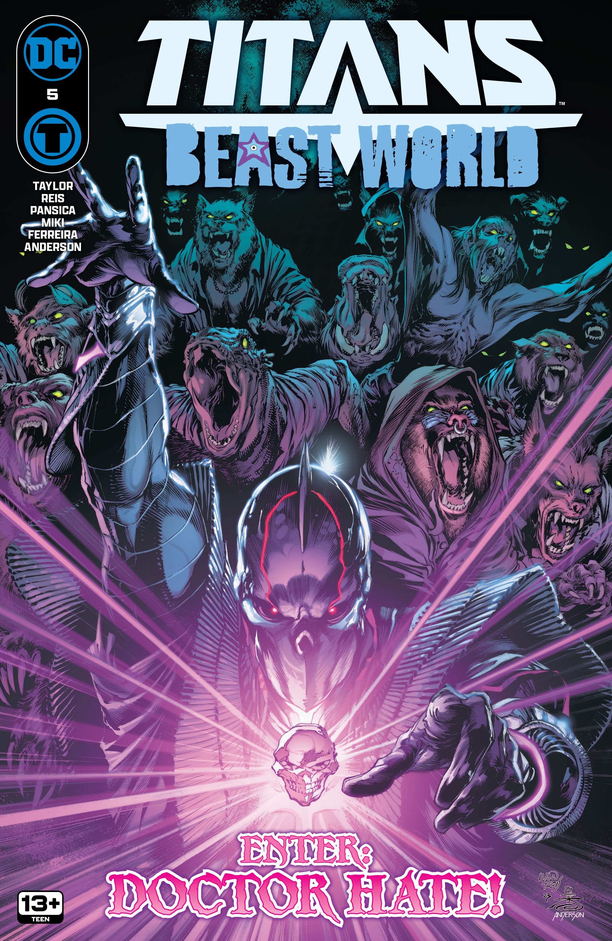 Titans Beast World 5 Main Cover: Doctor Hate surrounded by transformed beasts.