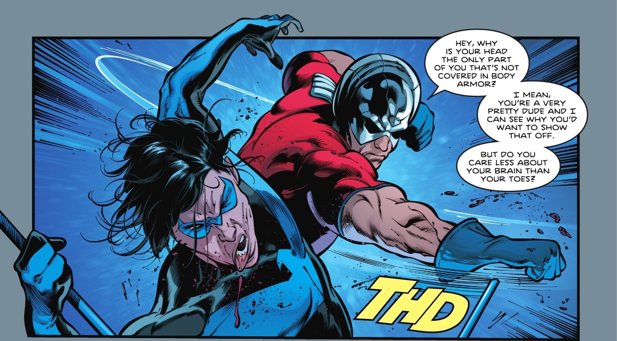 TITANS BEAST WORLD #5 featuring Peacemaker punching Nightwing in the face.