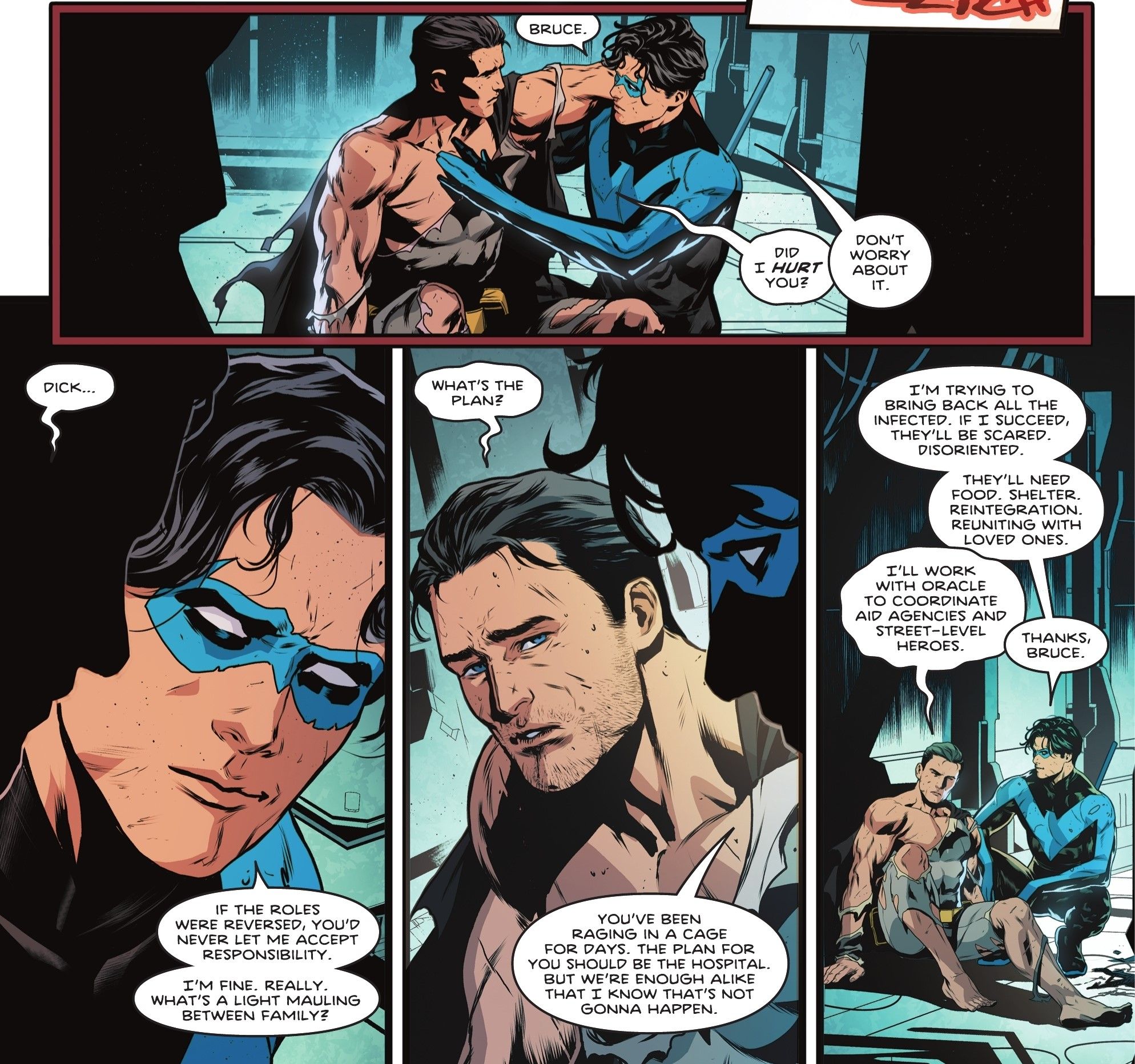 Titans Beast World #6 Batman returning to his human form and talking to Nightwing