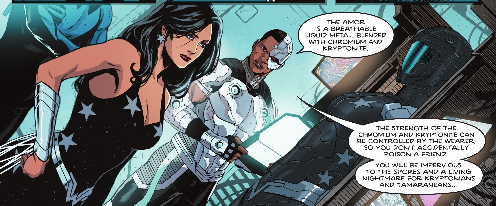Titans Beast World #6 Donna Troy talking to Cyborg about her new suit