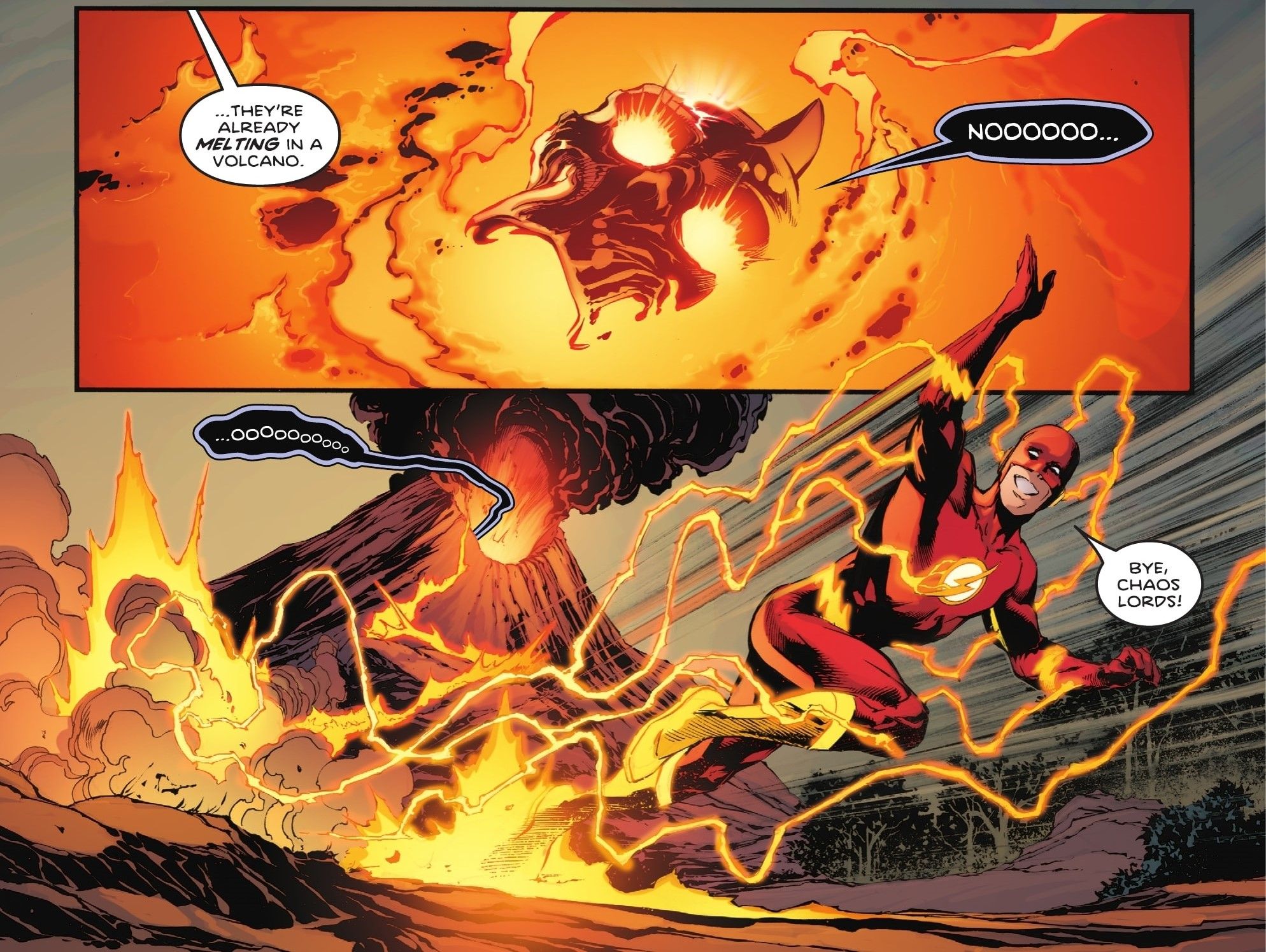 Titans Beast World #6 Flash throwing Doctor Hates Helm into a volcano pt 2