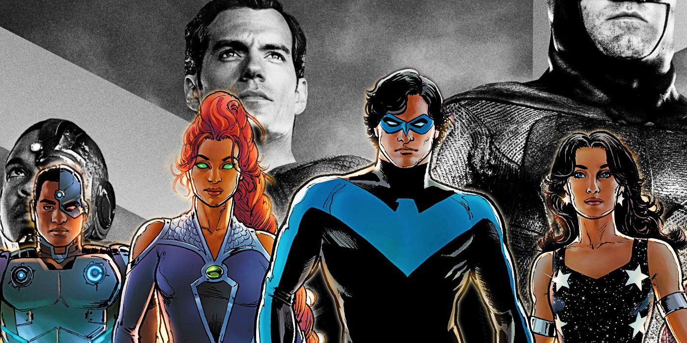 Background: A black-and-white image of Zack Snyder's Justice League roster. Foreground: DC's Titans, in full color and backlit with an orange glow.