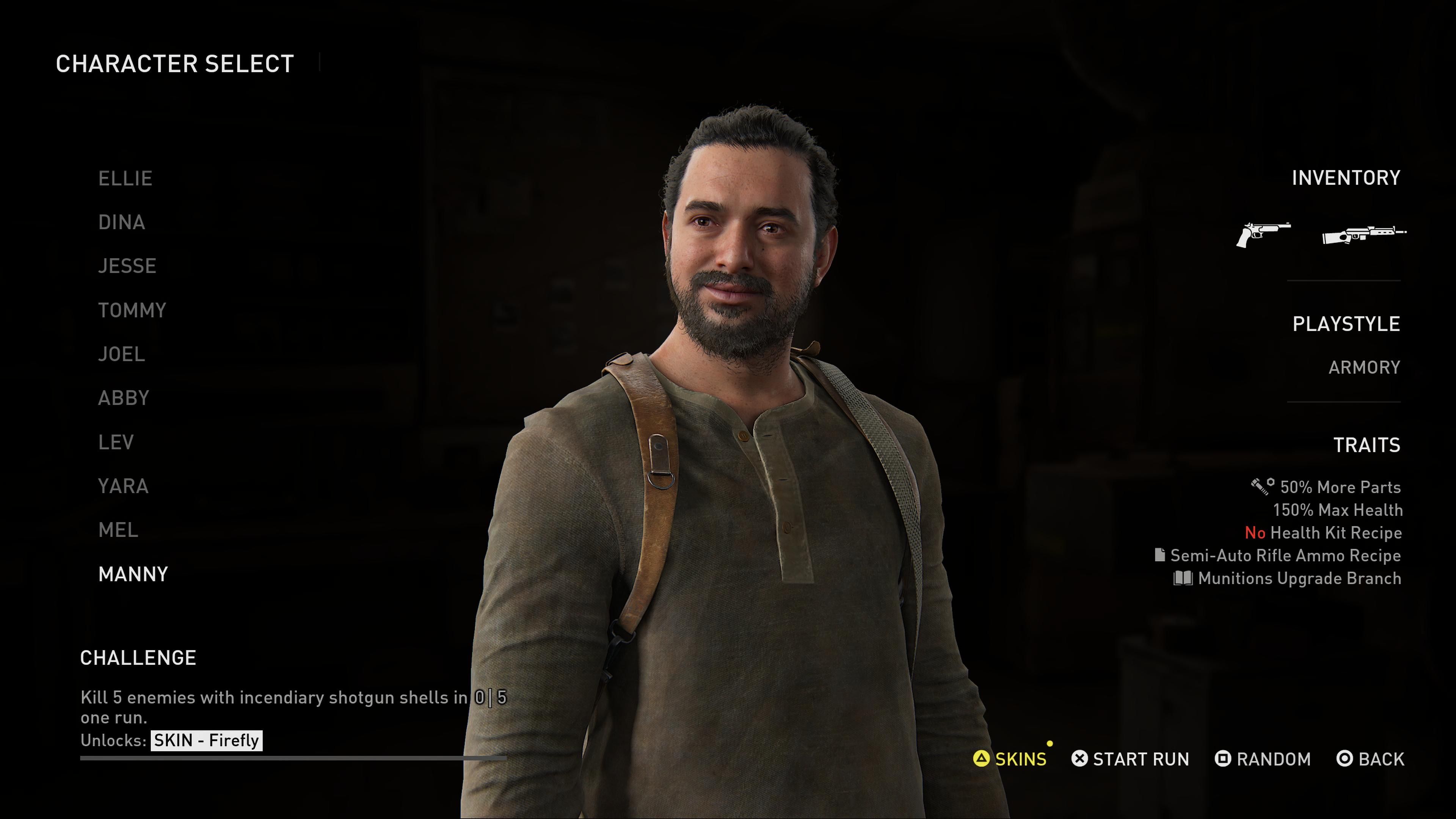 Manny from The Last of Us 2 standing in the middle of the character selection screen for the No Return game mode.