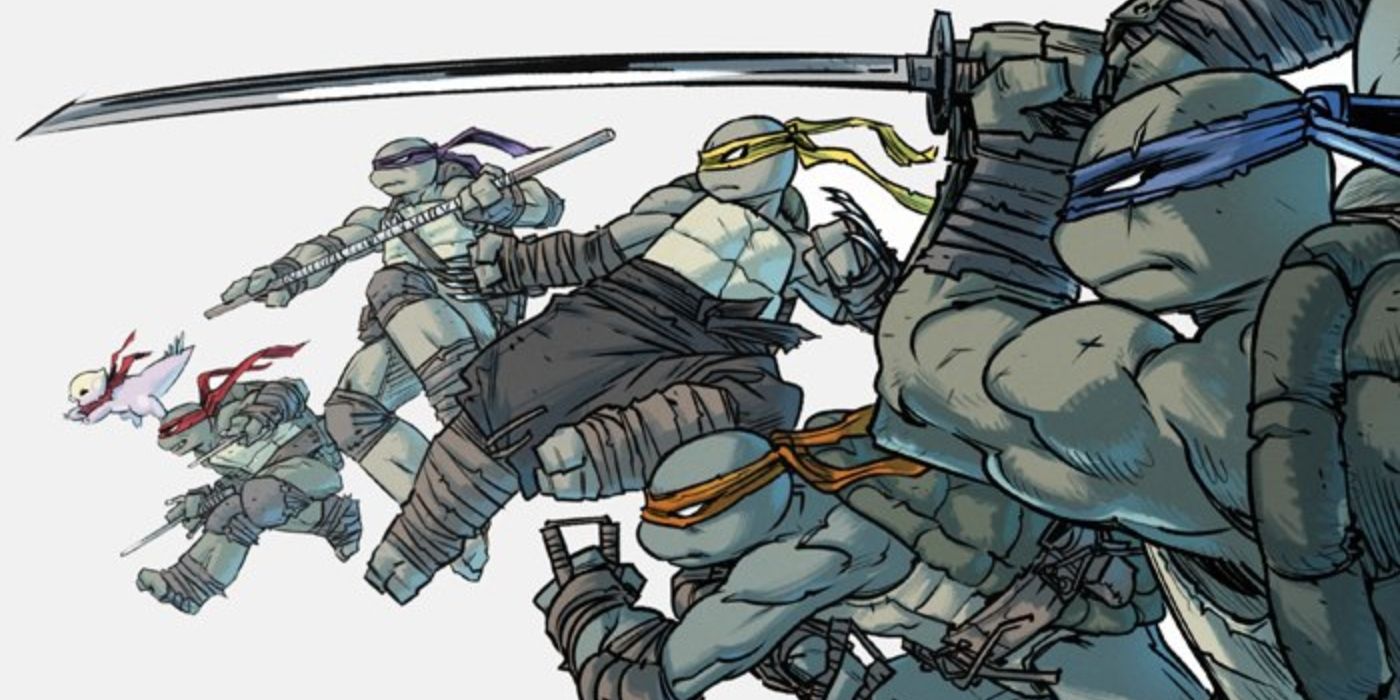 TMNT&rsquo;s five Turtle siblings charging into battle.