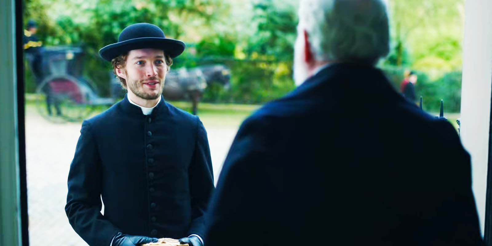 Toby Regbo as James Trenchard and Gerard Horan as Enright in Belgravia The Next Chapter episode 1