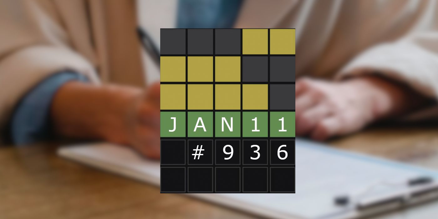 January 11, 2024 Wordle (Puzzle #936) grid with a person working on a brief in the background