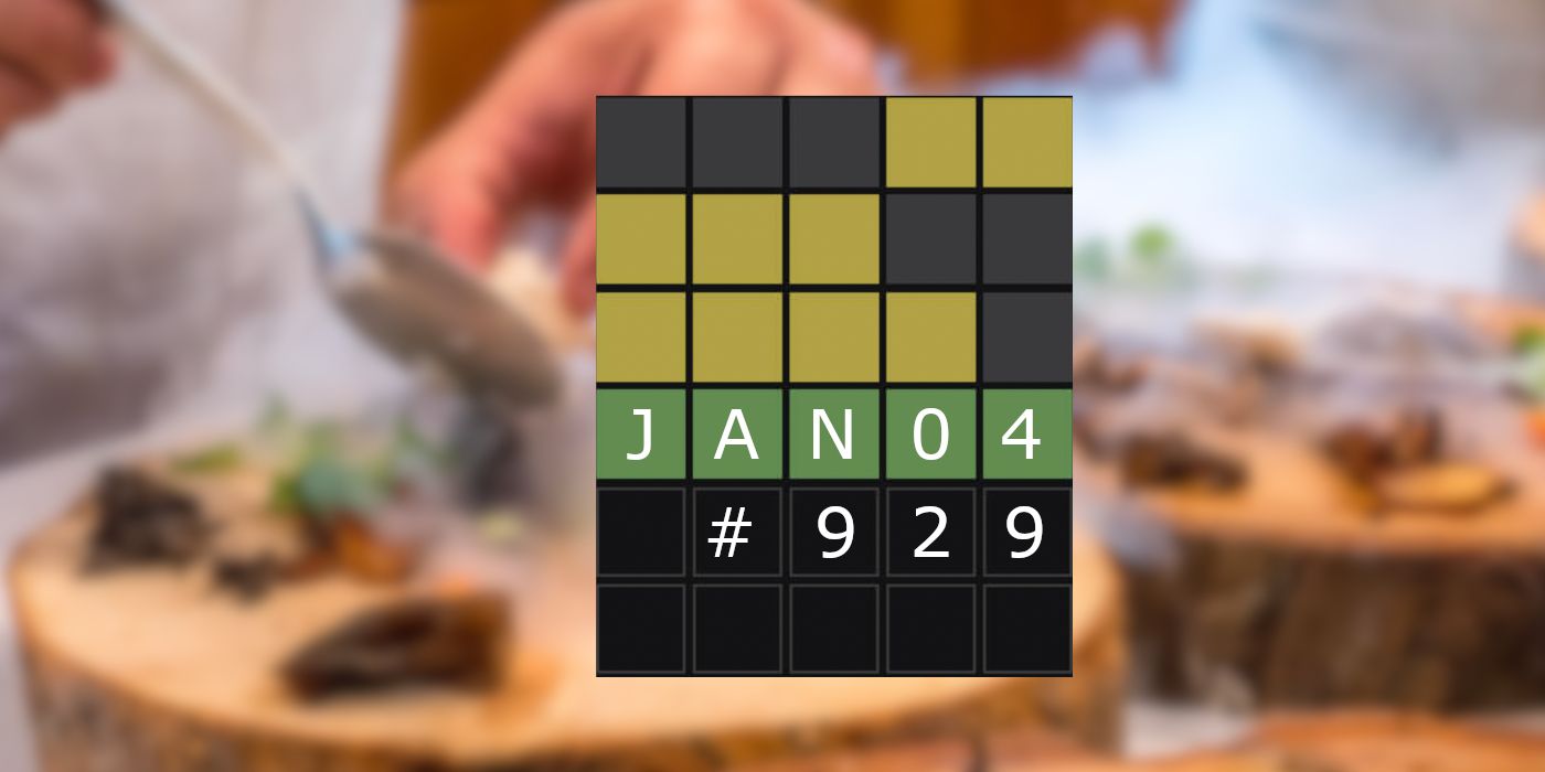 January 4, 2023 Wordle (Puzzle #929) grid with scanty food being prepared in the background