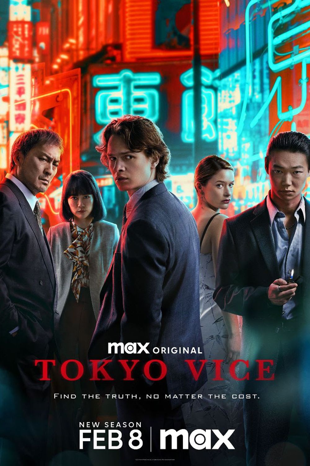 Tokyo Vice Season 2 Poster Featuring the Cast Standing in Front of Neon Lights