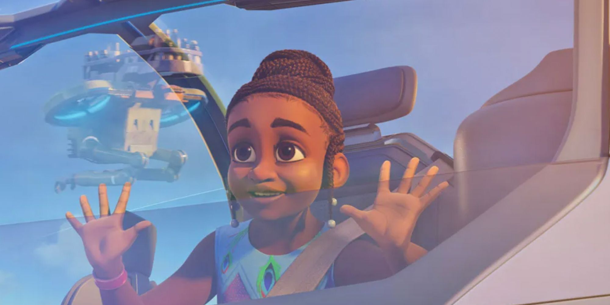 Tola pressing her hands to the window of a vehicle while a ship flies by in the animated Iwaju