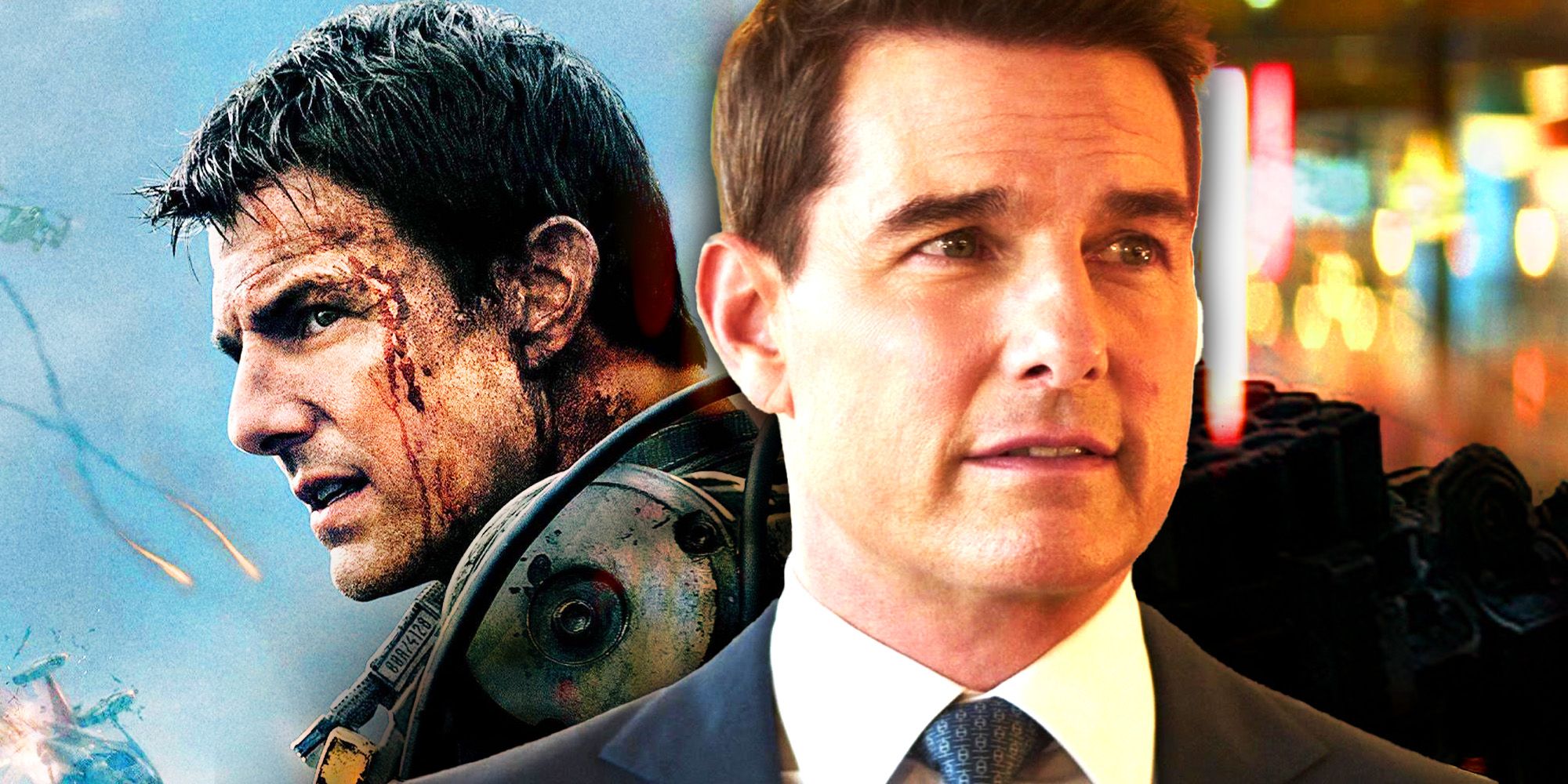 Tom Cruise as Cage in Edge of Tomorrow and as Ethan Hunt in Mission Impossible 7