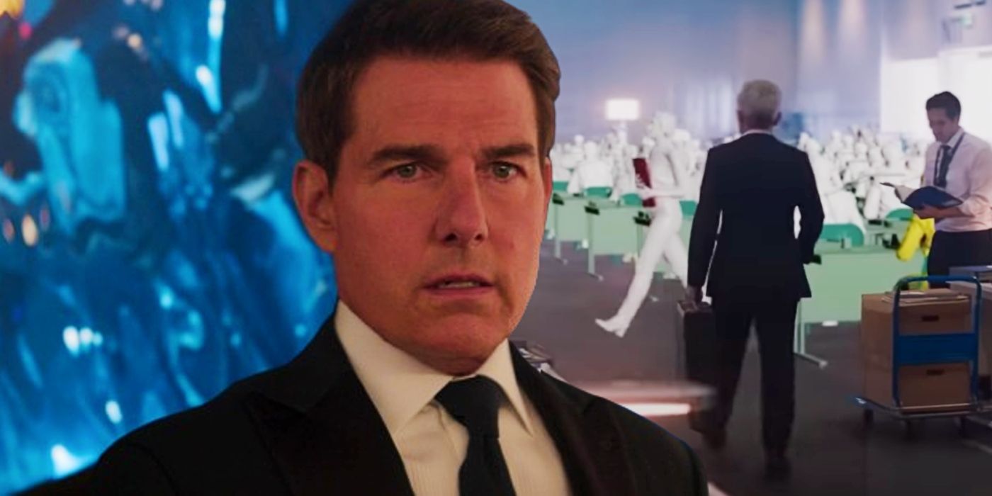 Tom Cruise as Ethan Hunt juxtaposed with a man walking through a CGI crowd in Mission: Impossible – Dead Reckoning Part One