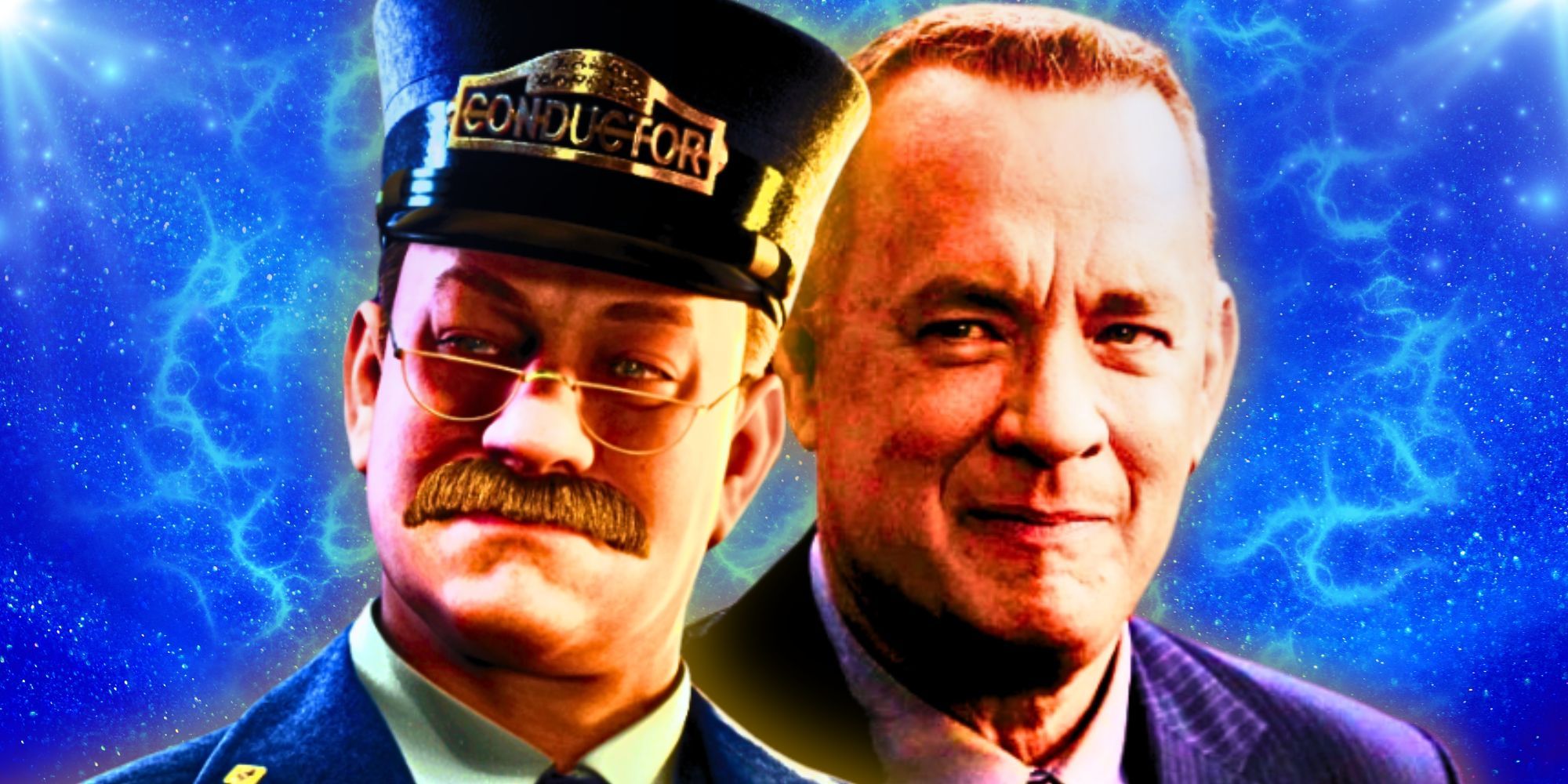 Tom Hanks next to the animated Conductor character in The Polar Express.