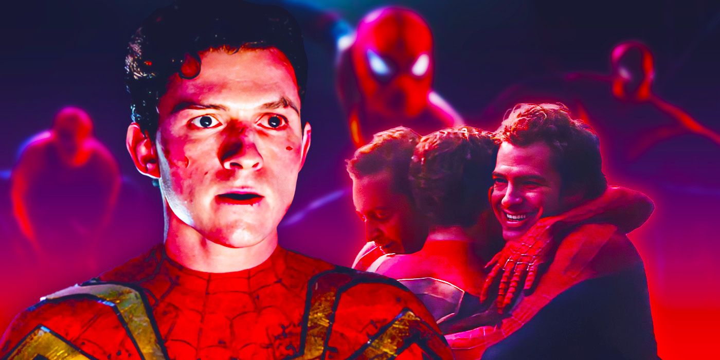Tom Holland As Peter Parker With Tom Holland Hugging Andrew Garfield and Tobey Maguire Spider-Man In Spider-Man No Way Home