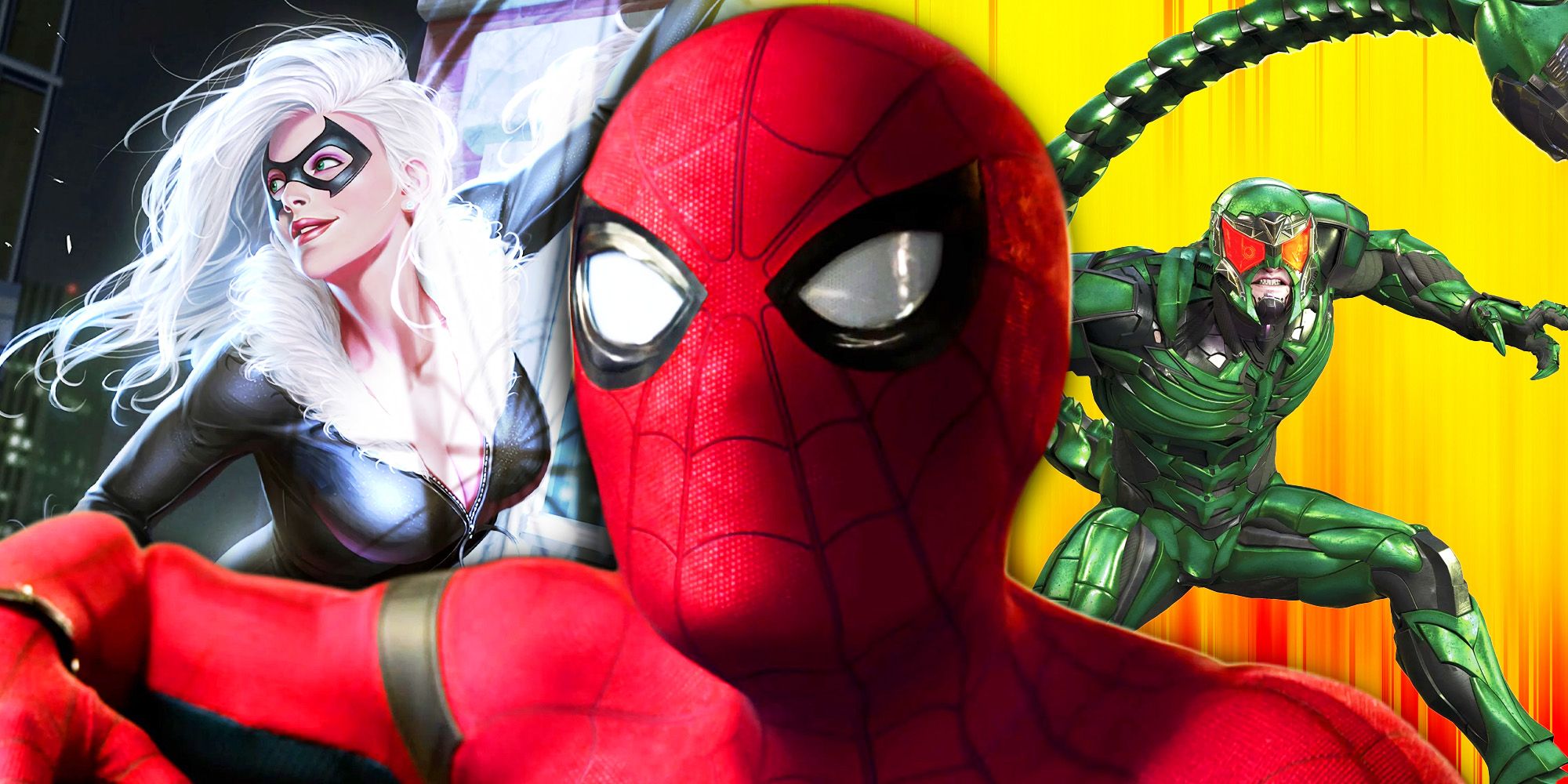 Tom Holland's Spider-Man in the MCU with Black Cat and Scorpion in Marvel Comics