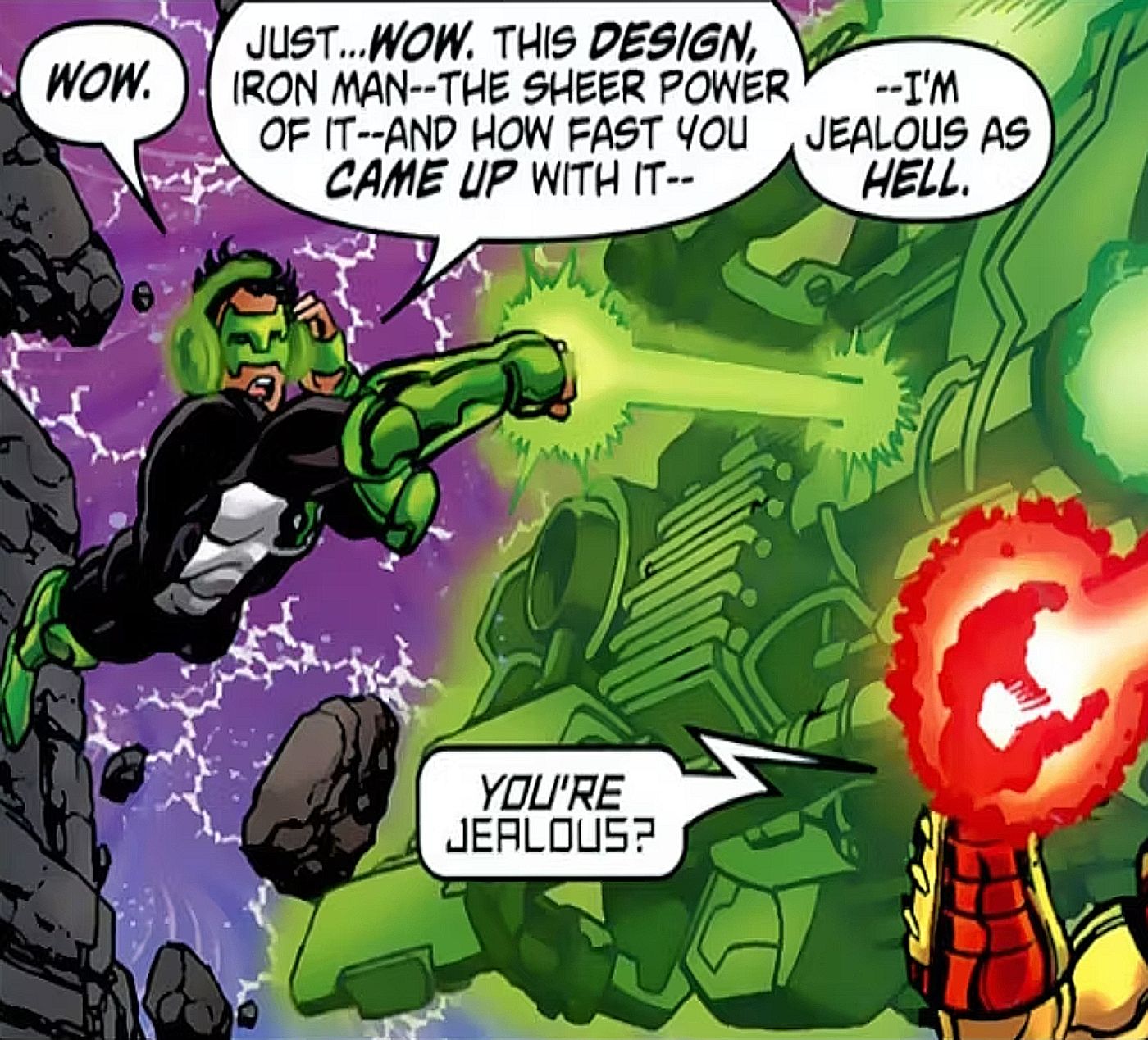 JLA/Avengers #4, Green Lantern marvels at what Iron Man was able to generate with a Lantern ring