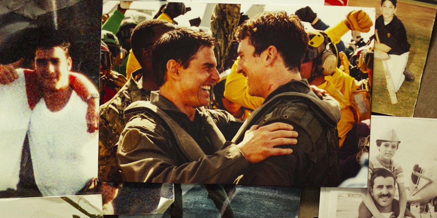 Top Gun Maverick photo of Pete and Rooster laughing and embracing