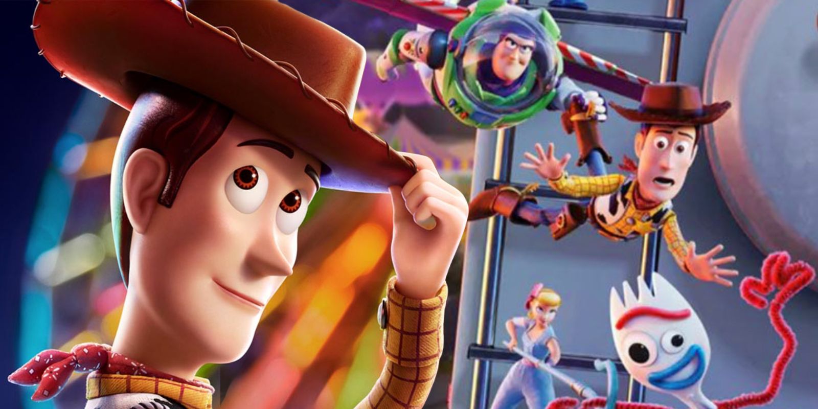 Woody next to Toy Story 4 poster featuring Buzz, Woody, Bo Peep, and Forky