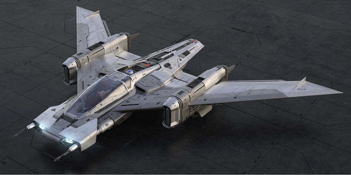 An overhead shot of a Tri-Wing ship from Star Wars