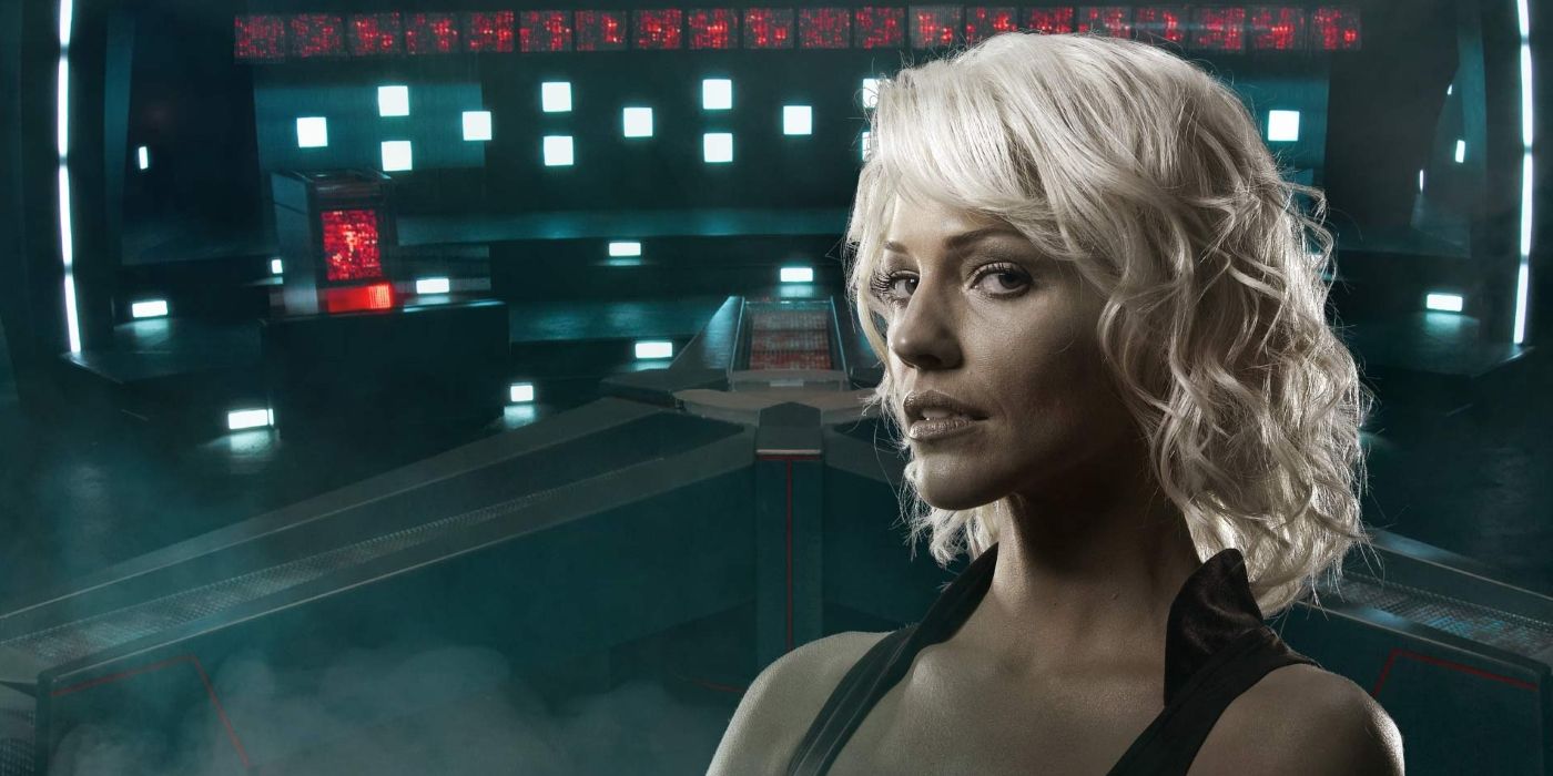 Tricia Helfer as Number Six in Battlestar Galactica poster art.