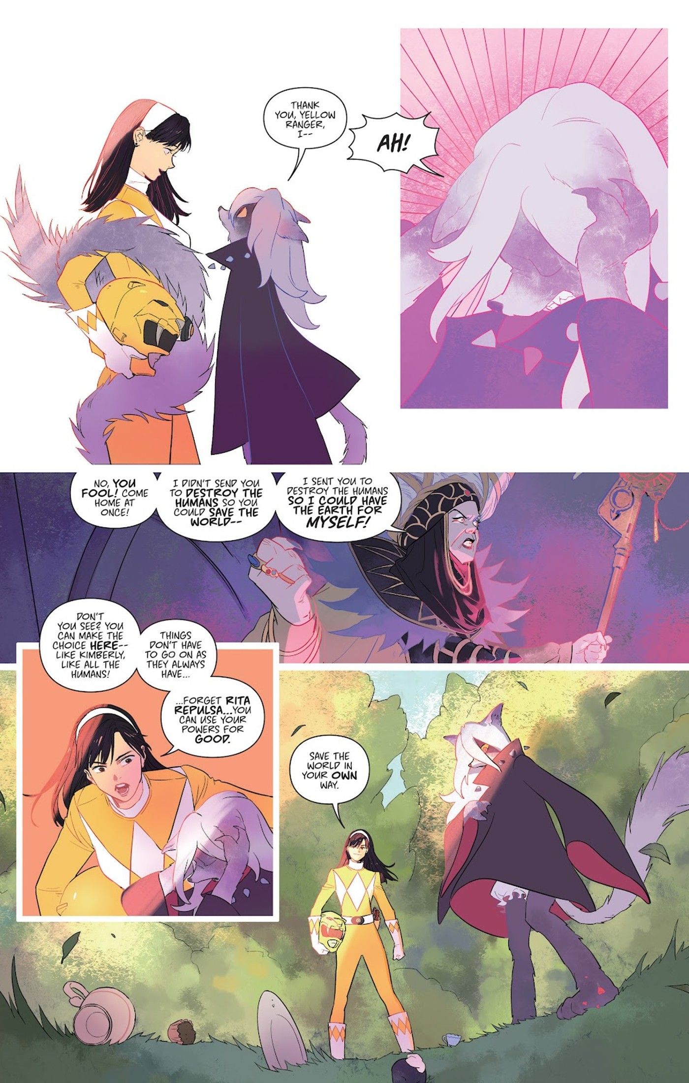 Mighty Morphin Power Rangers Annual 2016, Yellow Ranger Trini talks sense into Rita Repulsa’s new monster