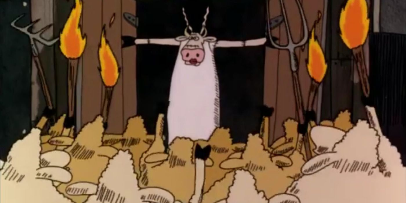 An animated image of a cow opening a door to a herd of sheep holding torches and pitchforks in Tales from the Far Side