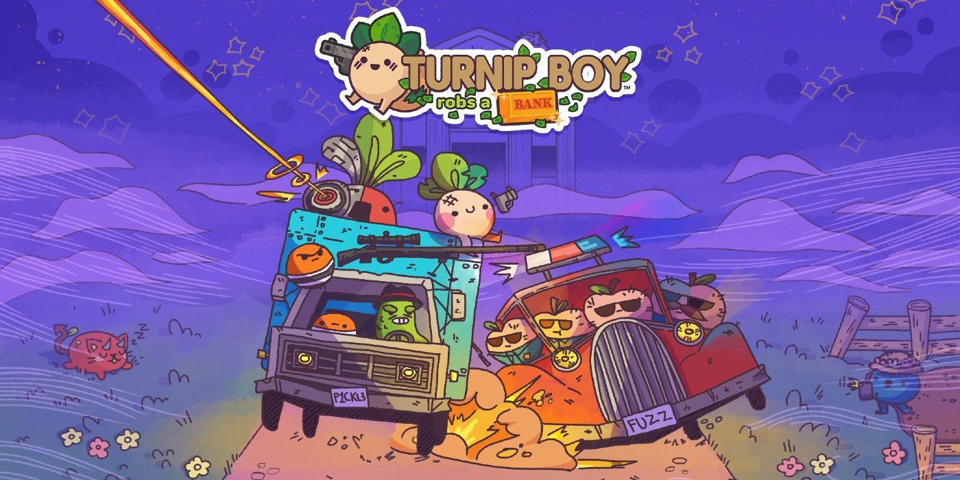 Turnip Boy Robs A Bank Key Art showing Turnip Boy with a gun on top of a car driven by Dillitini, the twins and Robo-Rafael shoot at cops alongside.
