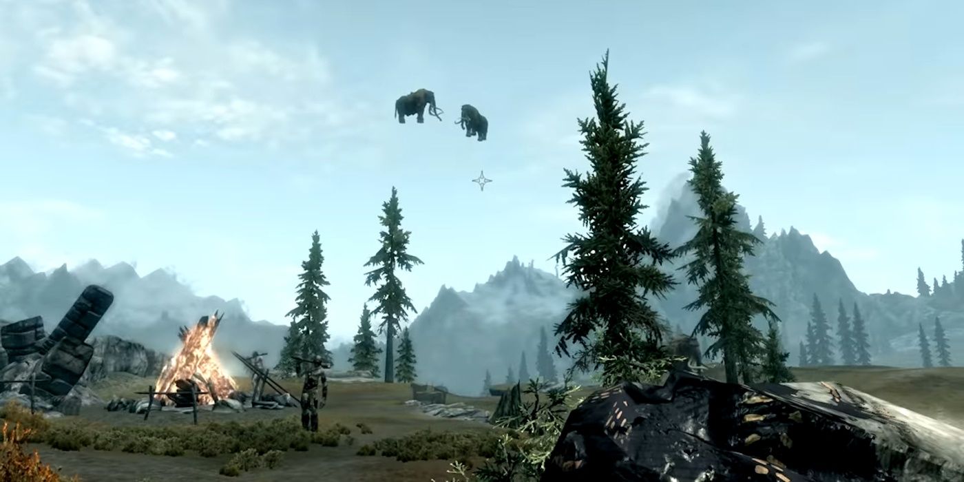 Two mammoths spawn in mid-air over a giant camp in Skyrim