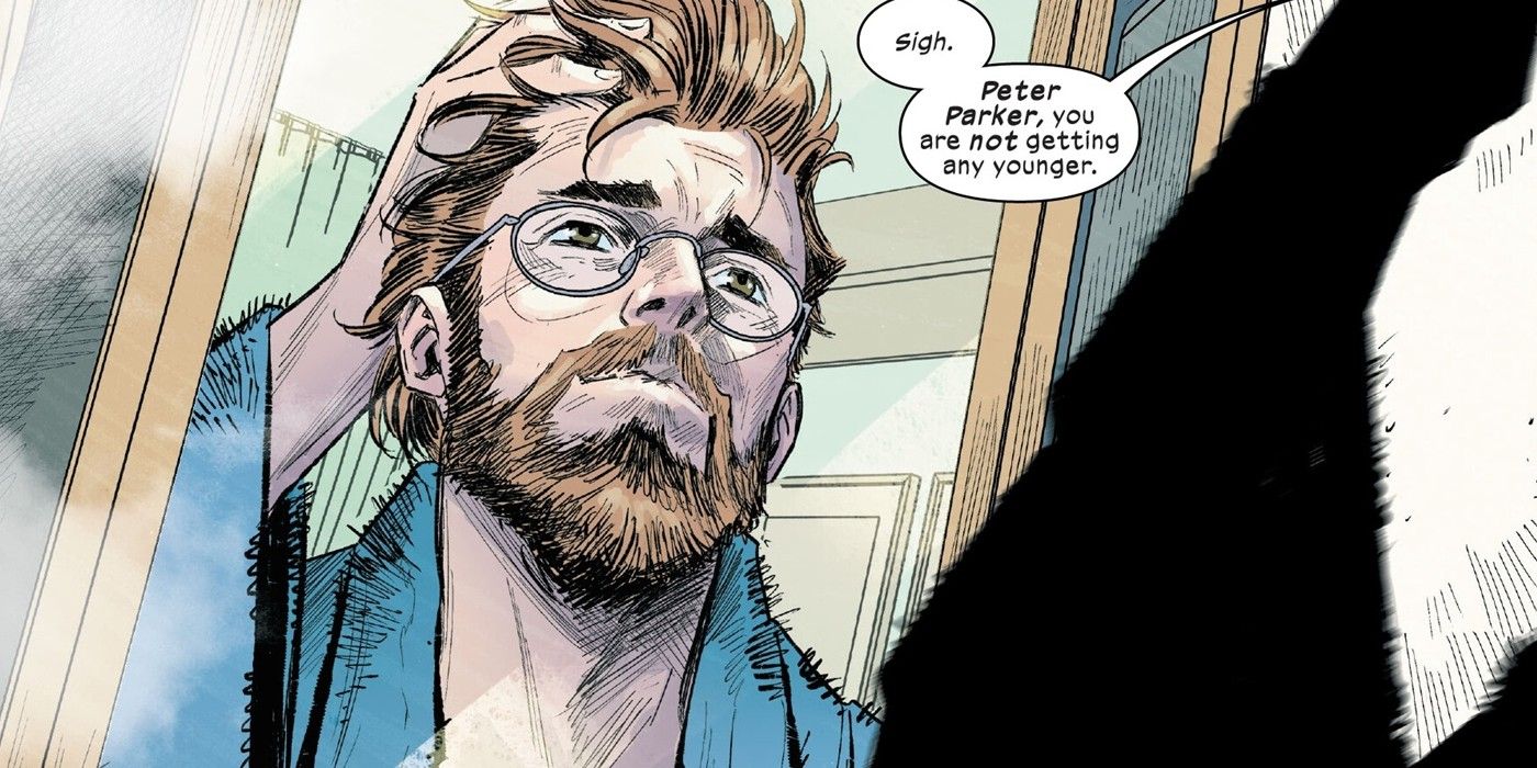 A bearded Peter Parker looks at himself in the mirror