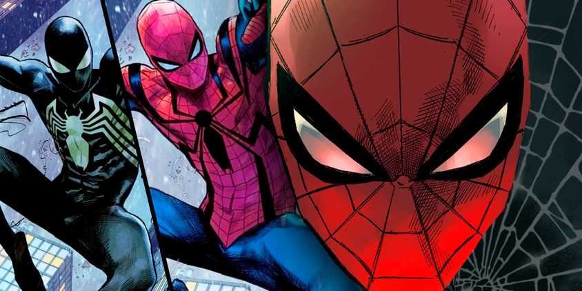 Ultimate Spider-Man black & red/blue costumes (left); close-up of Spider-Man's mask (right.)