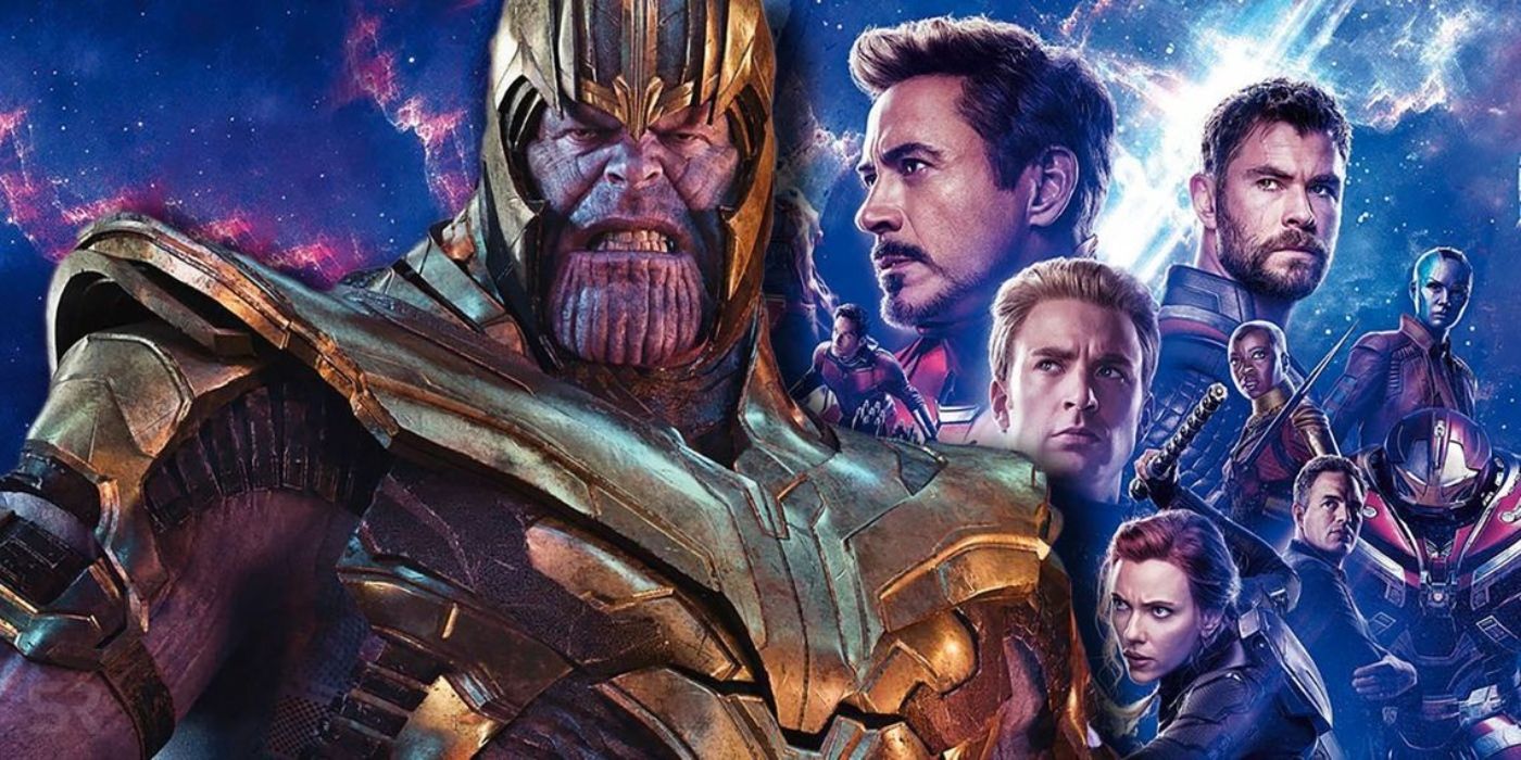 Thanos with the MCU Avengers behind him.