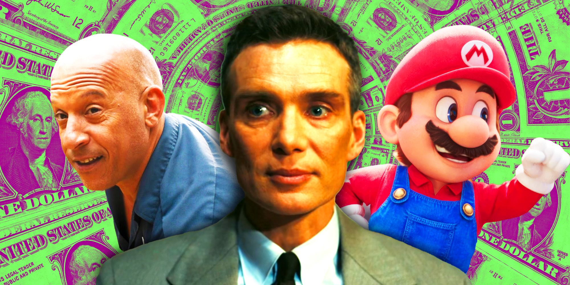 Vin Diesel as Dom in Fast X, Cillian Murphy as J. Robert Oppenheimer in Oppenheimer and Mario in The Super Mario Bros. Movie with money in the background