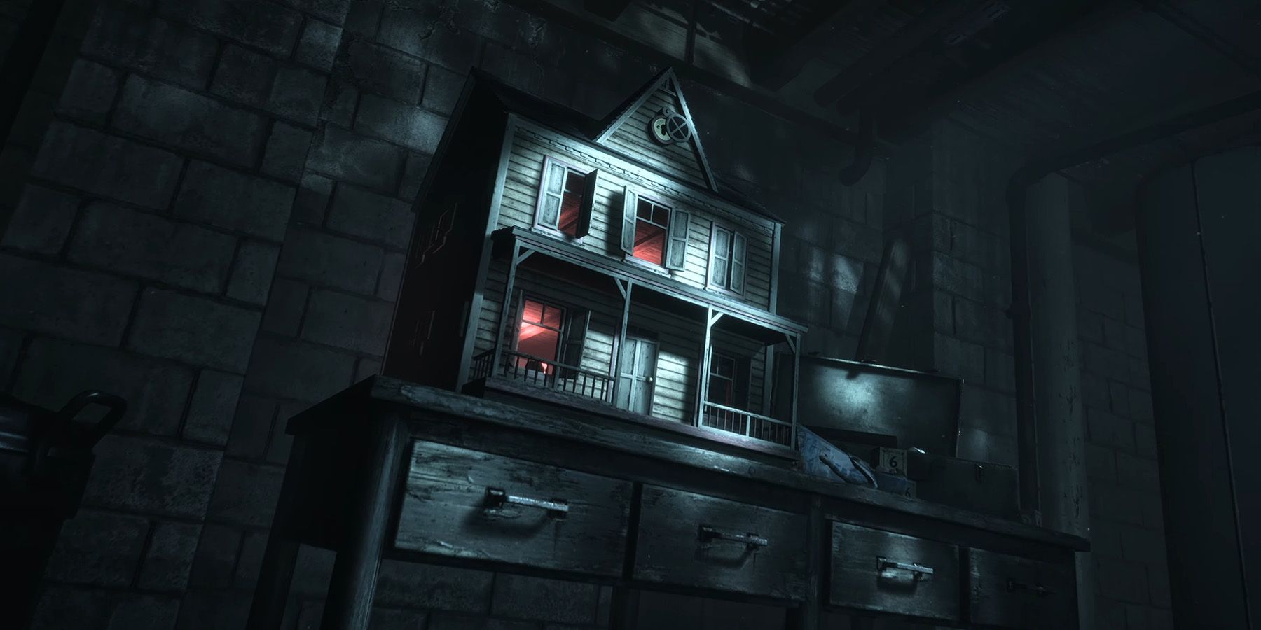 A dollhouse with red glowing windows in Until Dawn.