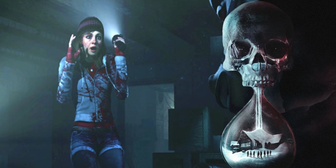 A composite image of the hourglass logo with a scare woman from Until Dawn