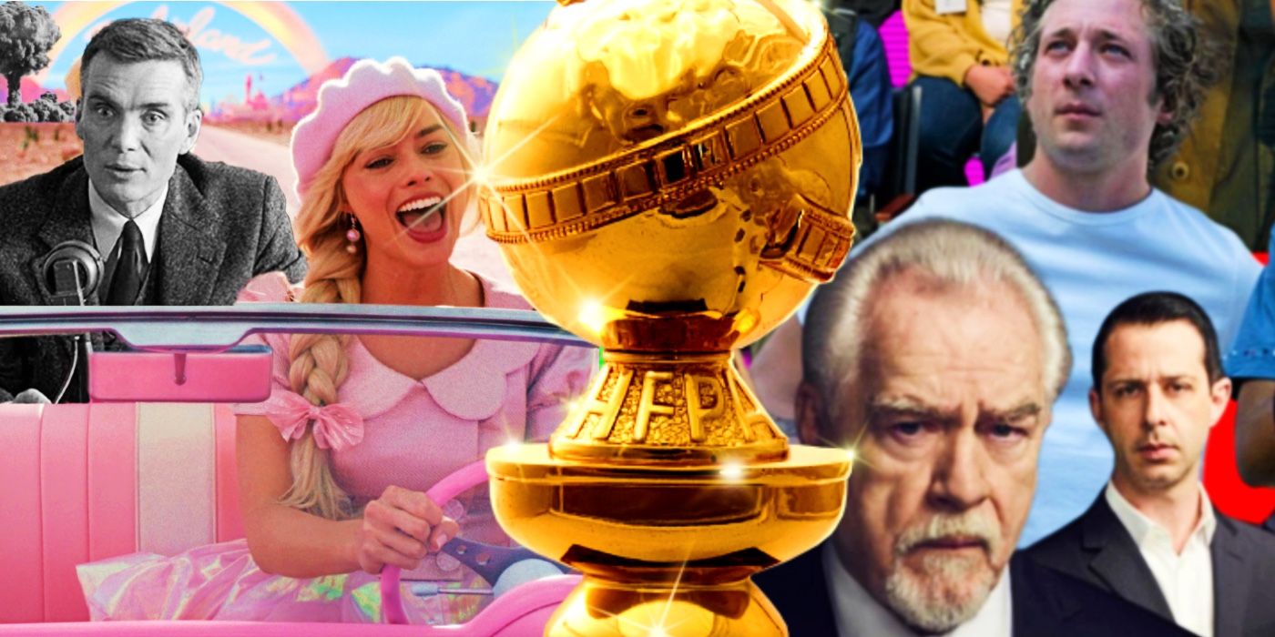 Barbie, Oppenheimer, Succession, and The Bear in a 2024 Golden Globes collage
