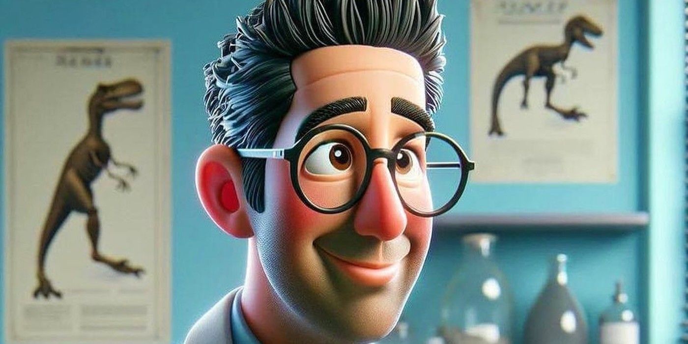 Ross reimagined as a dinosaur doctor in Pixar-style Friends art