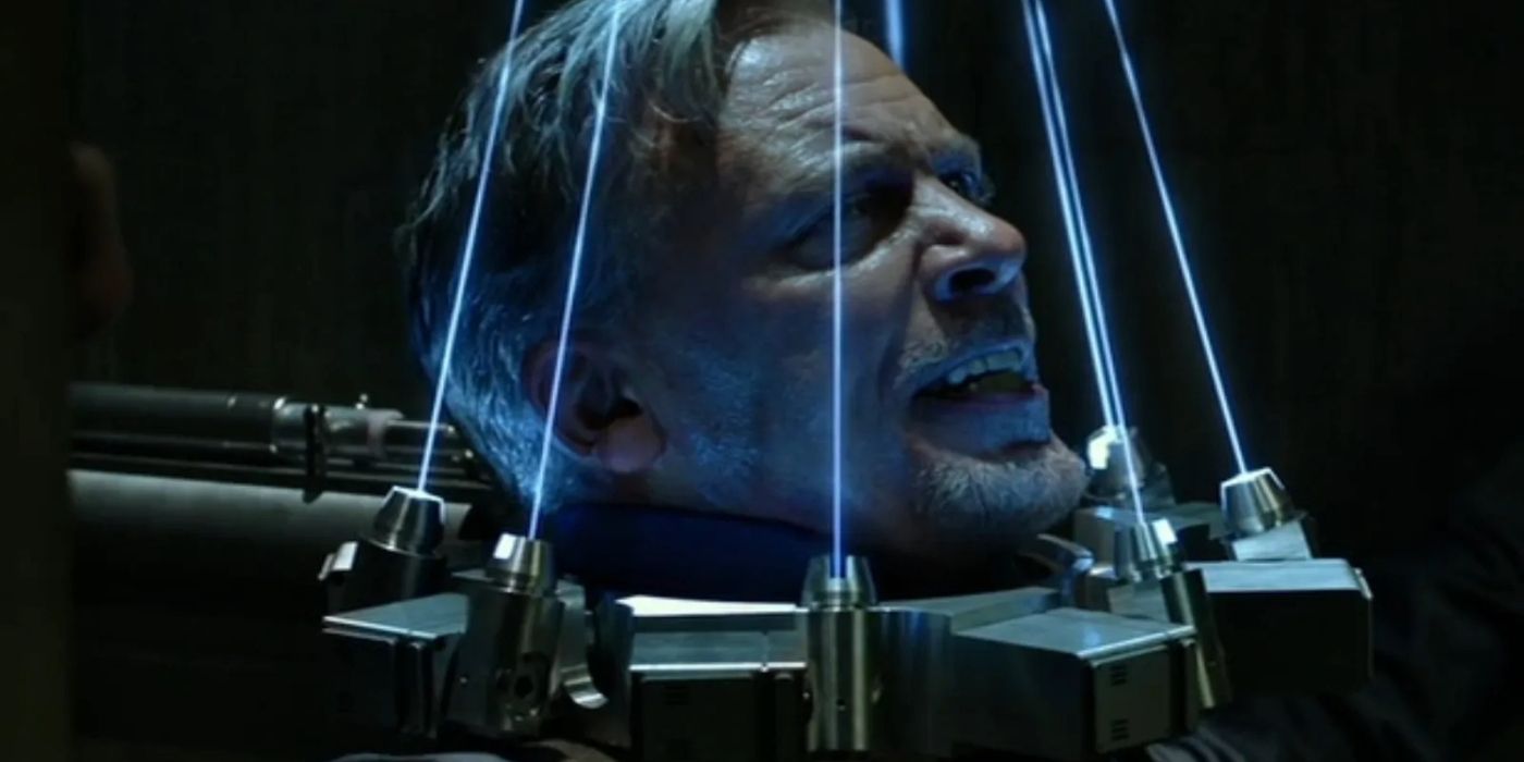 Brad Halloran wearing the laser collar in Jigsaw from the Saw franchise