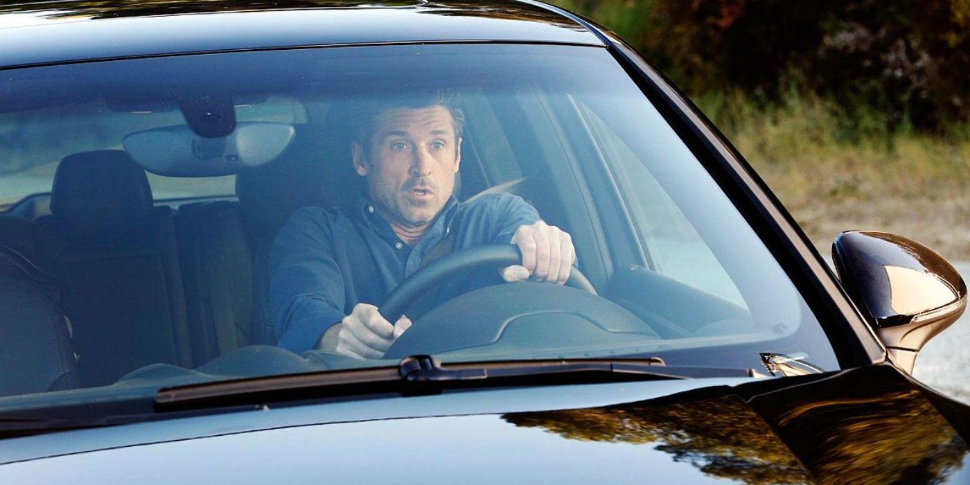 Derek (Patrick Dempsey) behind the wheel of a car just before the crash in Grey's Anatomy