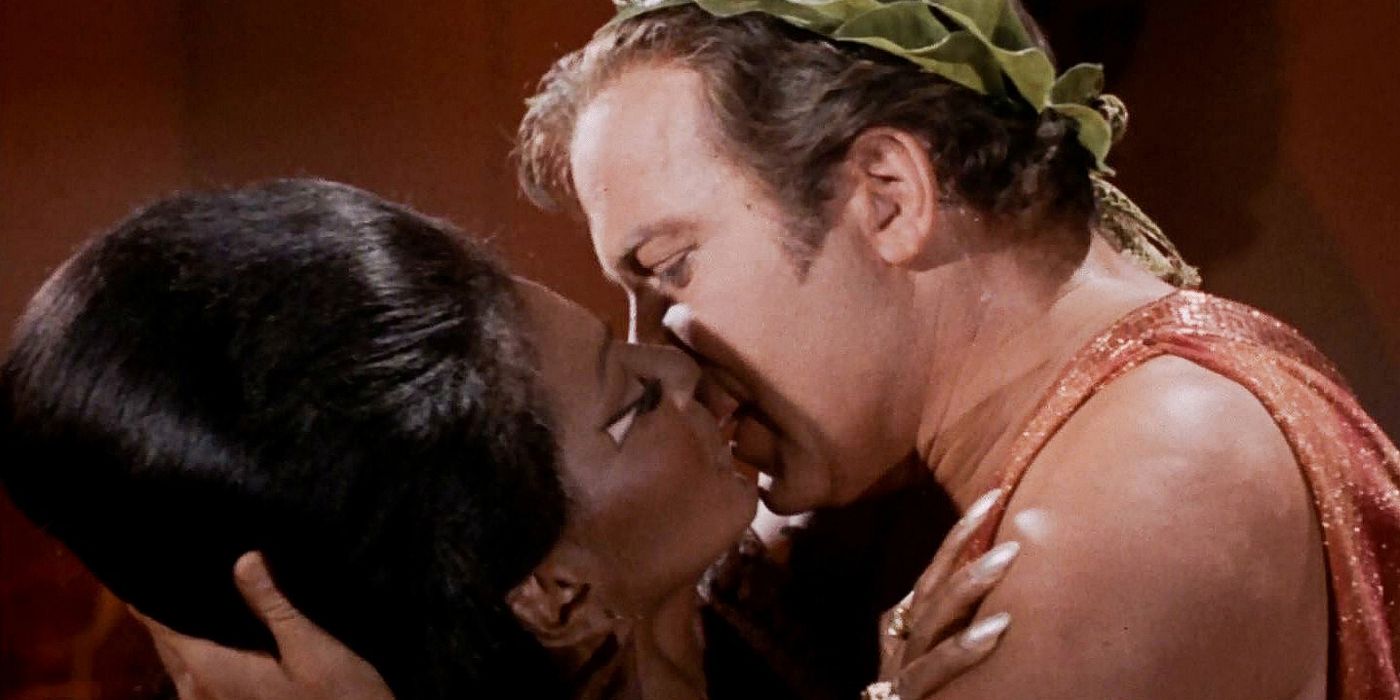 Uhara and Kirk’s kiss in the Star Trek: The Original Series episode Plato’s Stepchildren