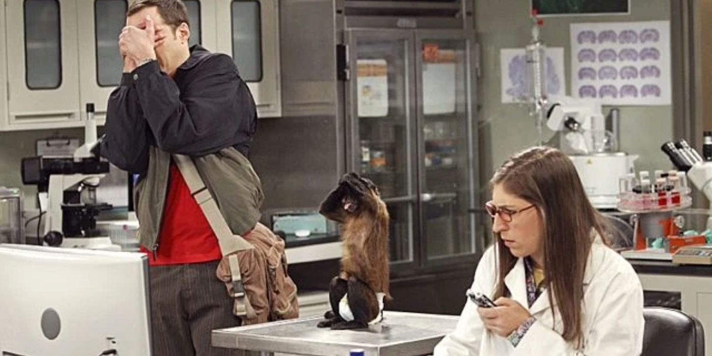 Sheldon mirroring one of Amy's lab monkeys in TBBT