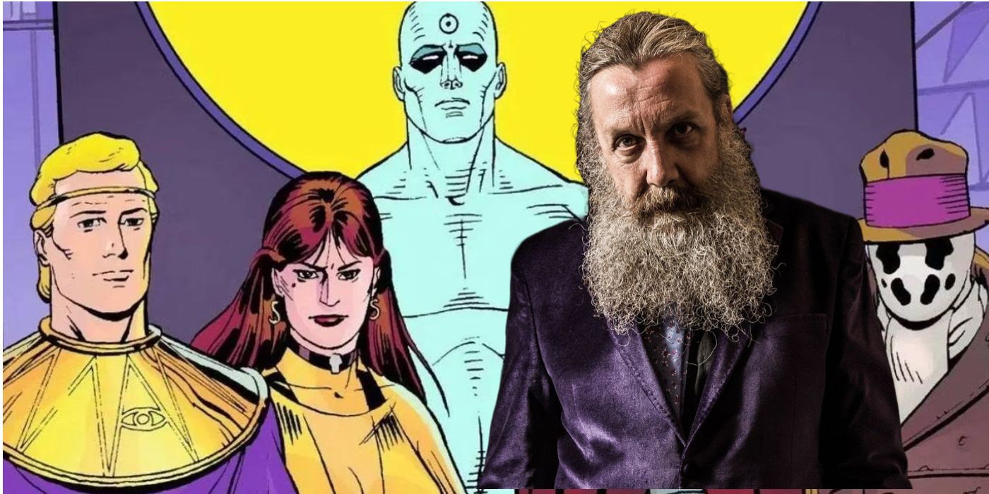 Featured Image: Alan Moore with characters from Watchmen, including Doctor Manhattan, Silk Spectre, Ozymandias, and Rorschach
