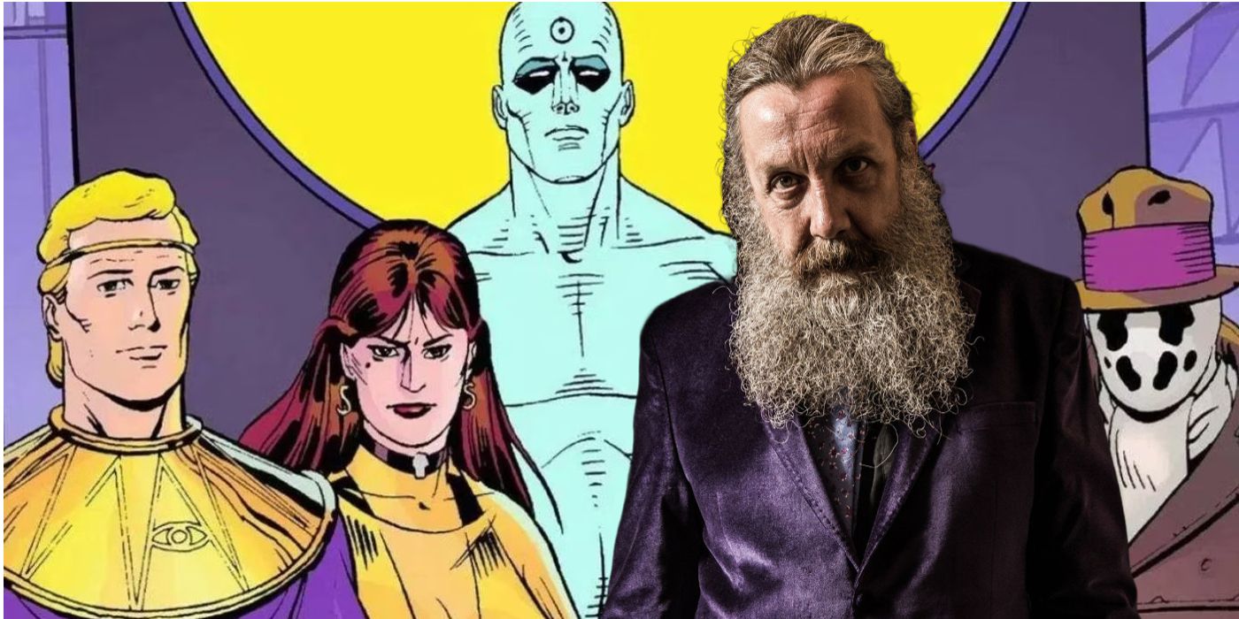 Watchmen characters Ozymandias, Silk Spectre, Doctor Manhattan, and Rorschach with their creator Alan Moore